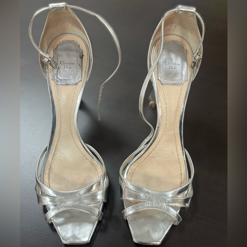 Christian Dior Silver Patent Leather Ankle Strap Heels